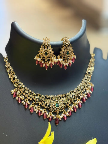 Gold Finish AD Necklace Set with Monalisa Beads