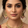 Close-up of a woman wearing gold Indian ethnic jewelry with green and red stones, styled hair, and natural makeup