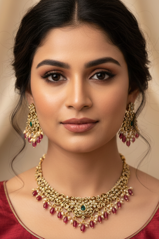 Close-up of a woman wearing gold Indian ethnic jewelry with green and red stones, styled hair, and natural makeup