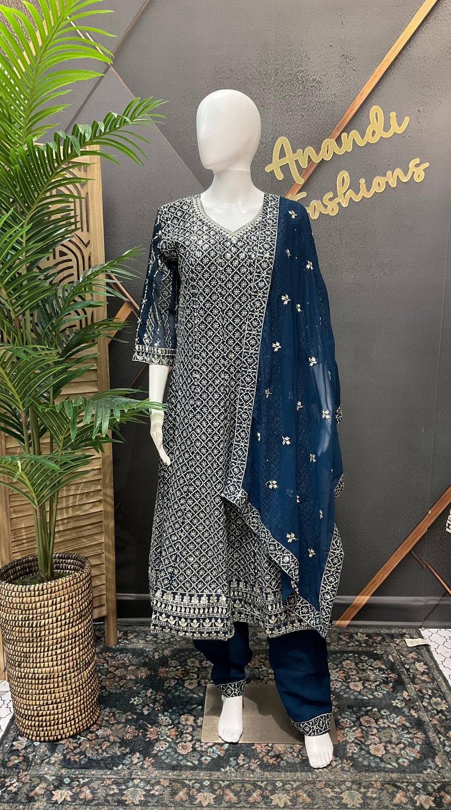 Teal Blue Georgette Party Wear Anarkali Kurti Set Size 40 - Silver Zari