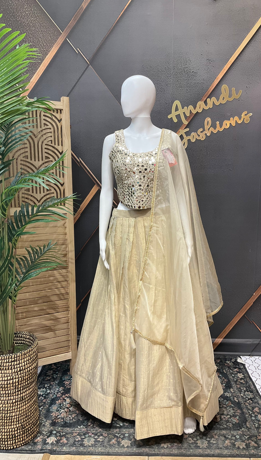 Women’s Champagne Gold Mirror Work Lehenga Choli with Dupatta