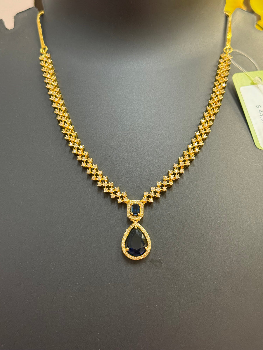 Micro Gold Polish - CZ Necklace set with Blue Pendant