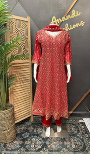 Plus Size Red Anarkali Party Wear Kurti Set Size 46 - Georgette with Gold Zari