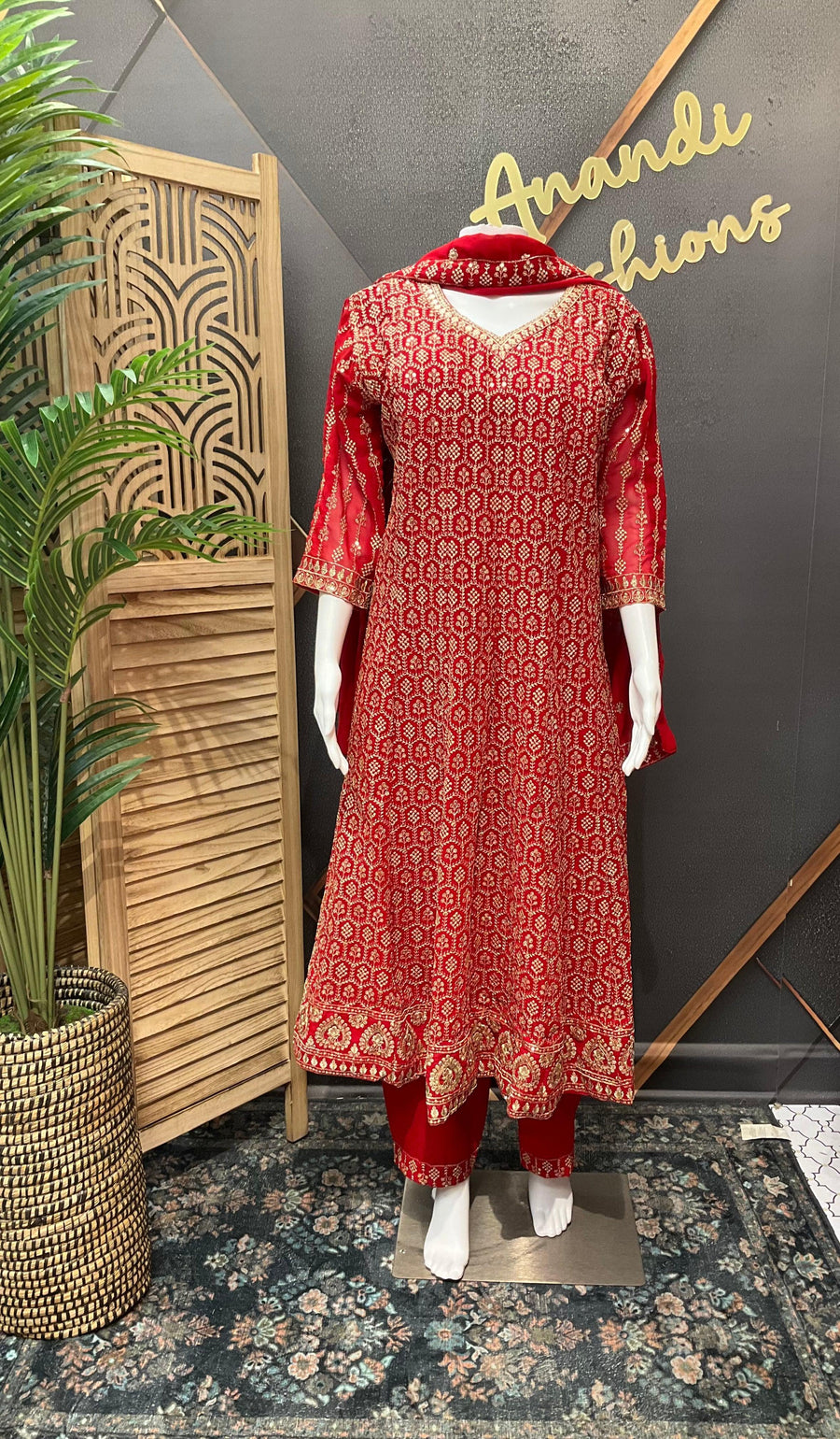 Plus Size Red Anarkali Party Wear Kurti Set Size 46 - Georgette with Gold Zari