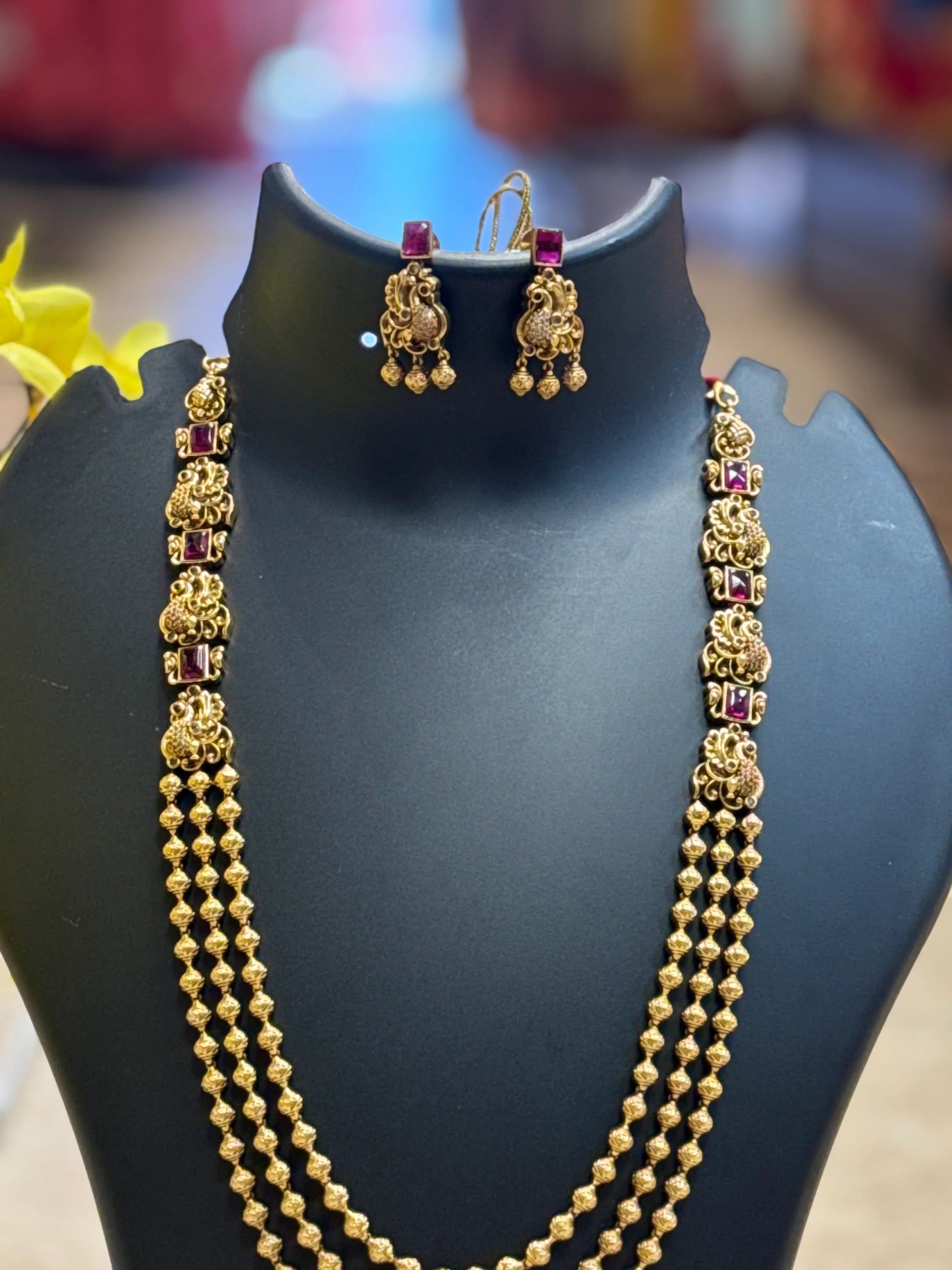Antique Finish - 3 Line Haram/ Long Necklace set with Ruby Stones