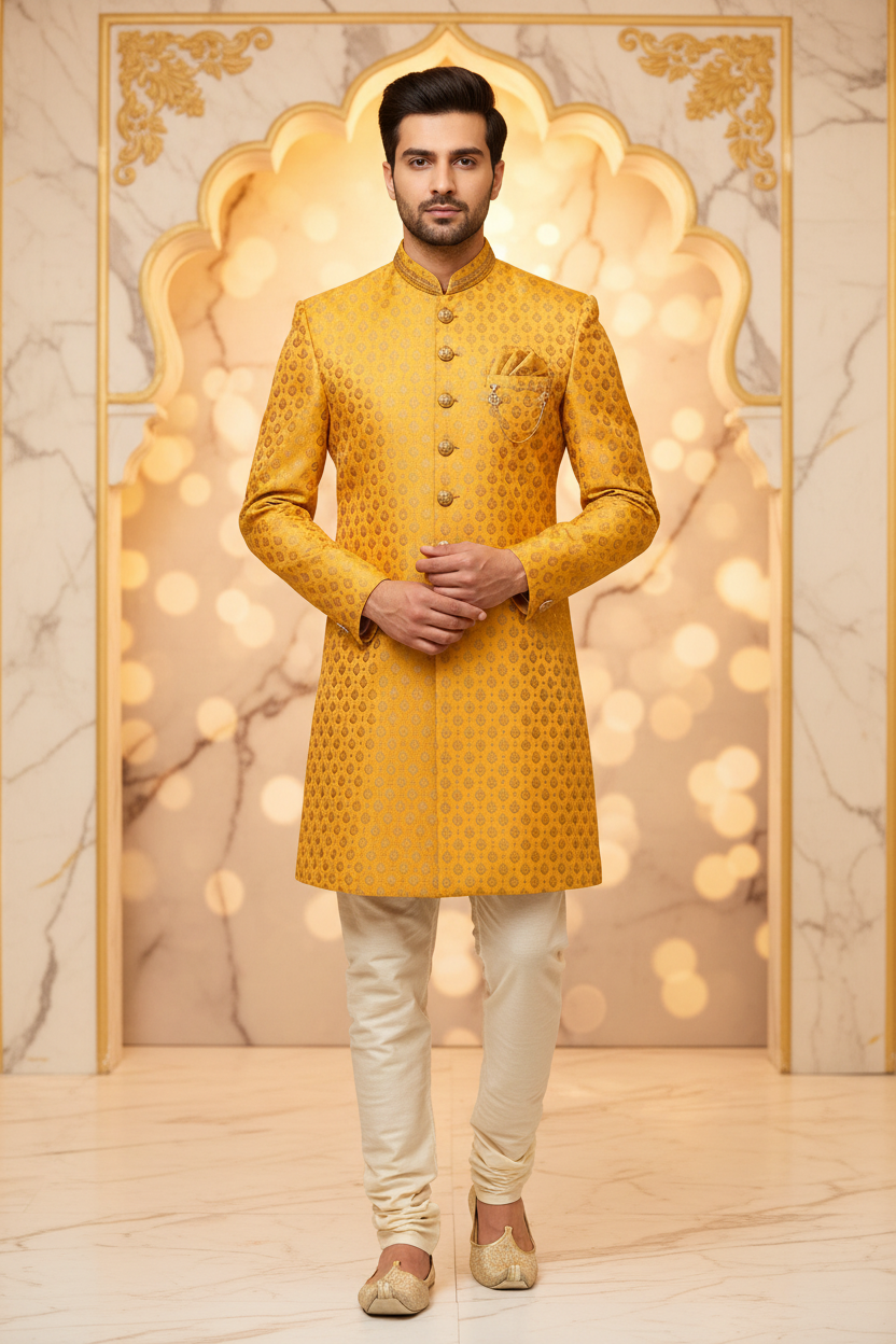 Men’s Yellow Indo Western Sherwani Set
