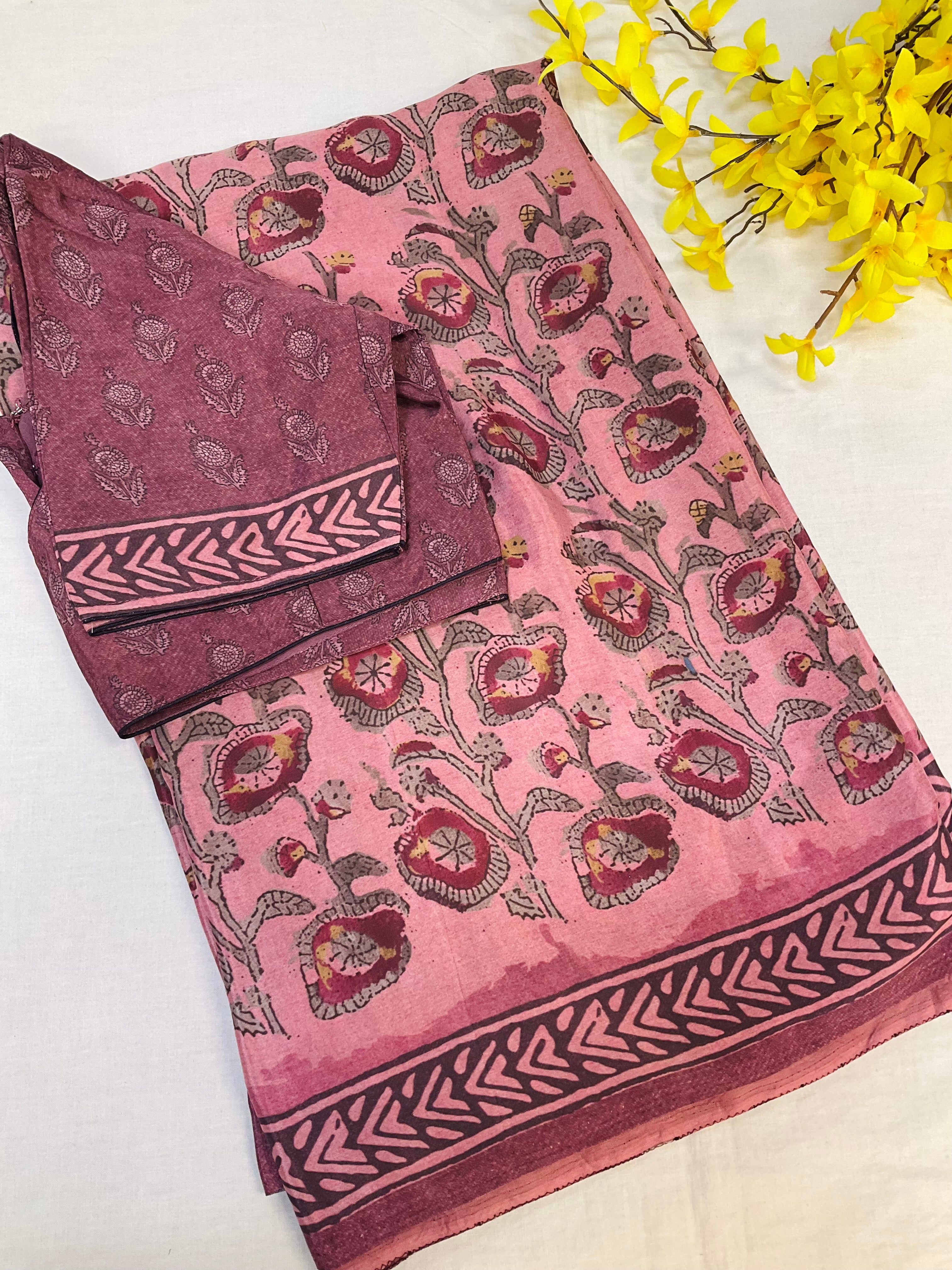 Soft Crape Silk Pink Saree with stitched blouse