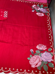 Red Tussar saree with stitched Blouse