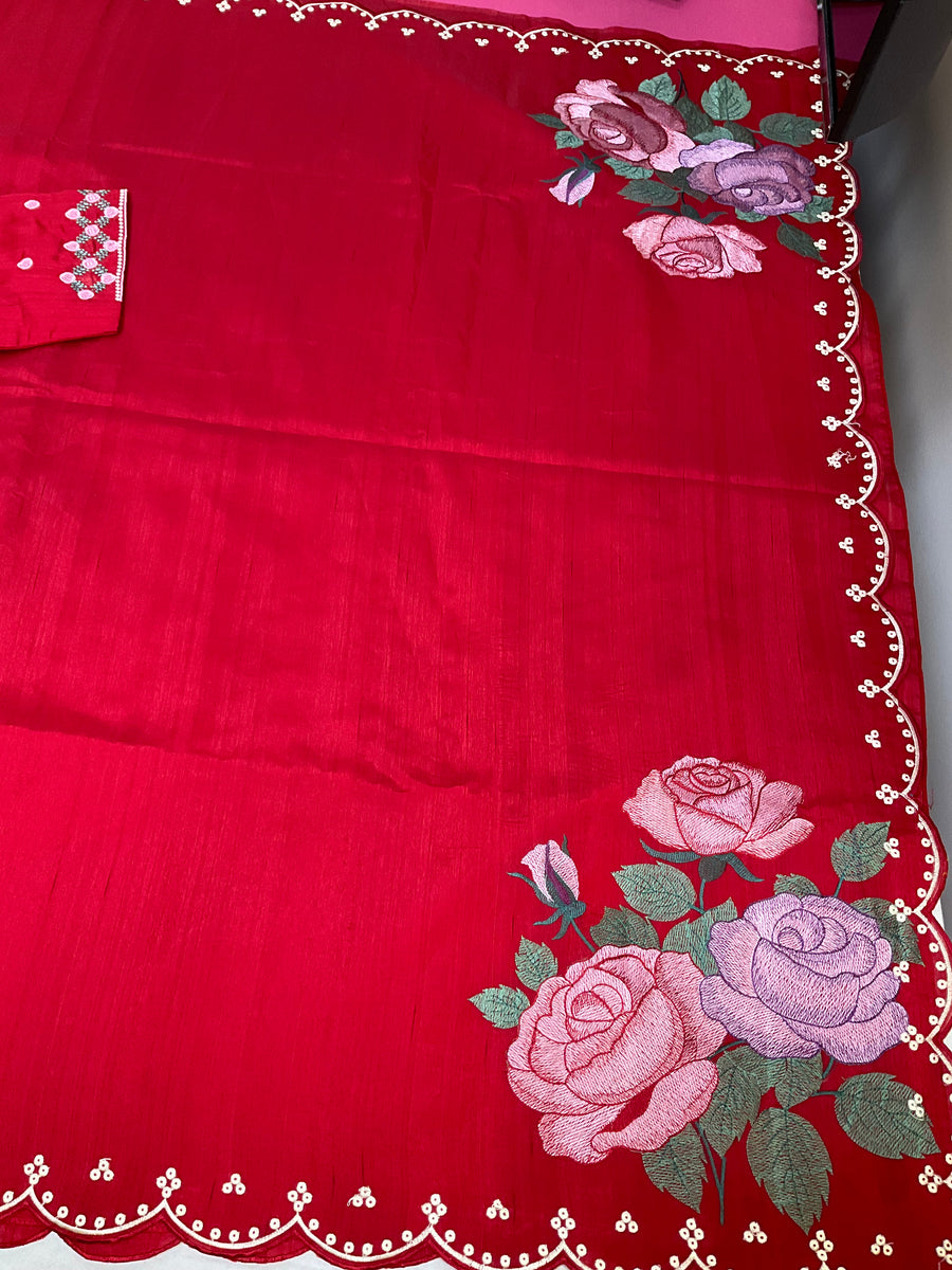 Red Tussar saree with stitched Blouse