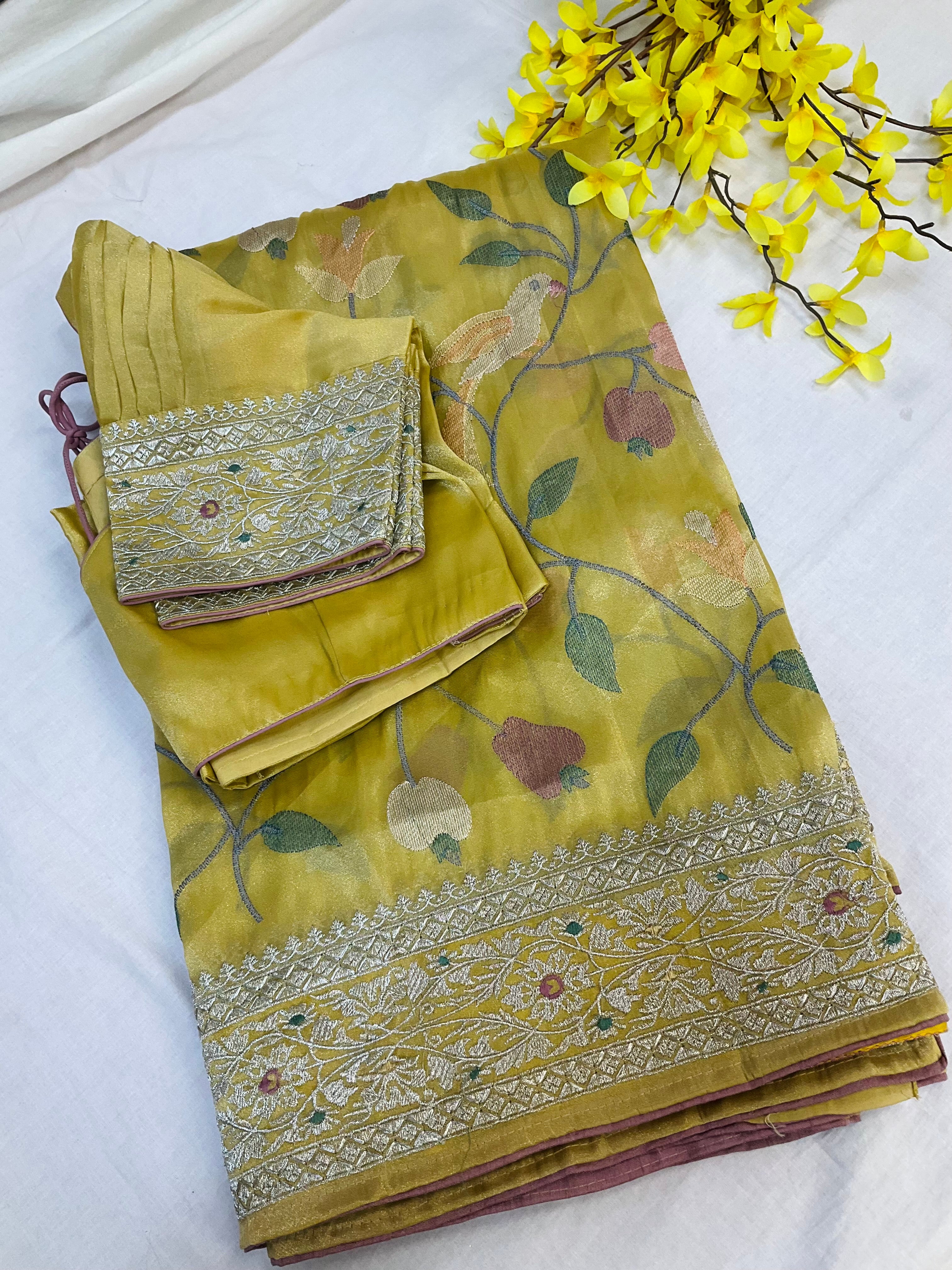 Oragnza Tissue Embroidery work  saree with Stitched blouse