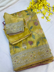 Oragnza Tissue Embroidery work saree with Stitched blouse