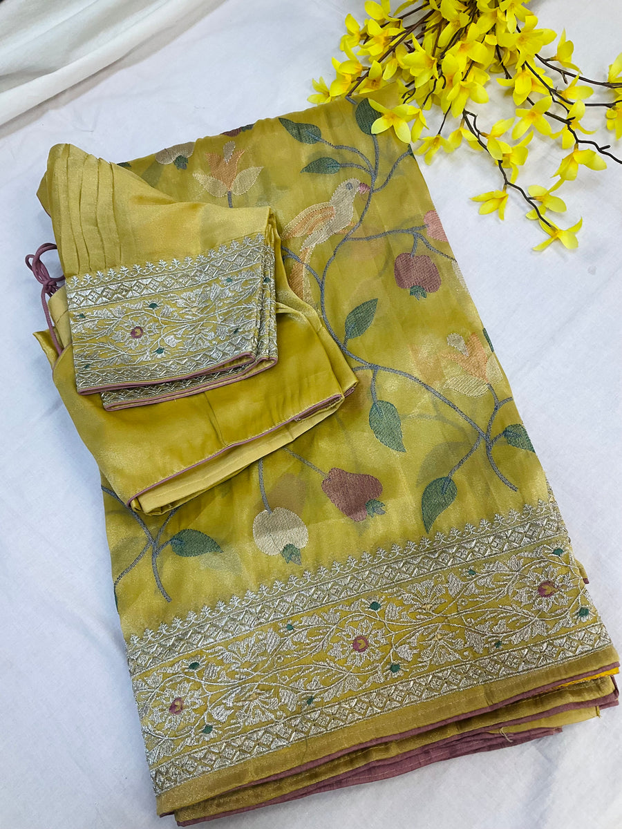 Oragnza Tissue Embroidery work saree with Stitched blouse