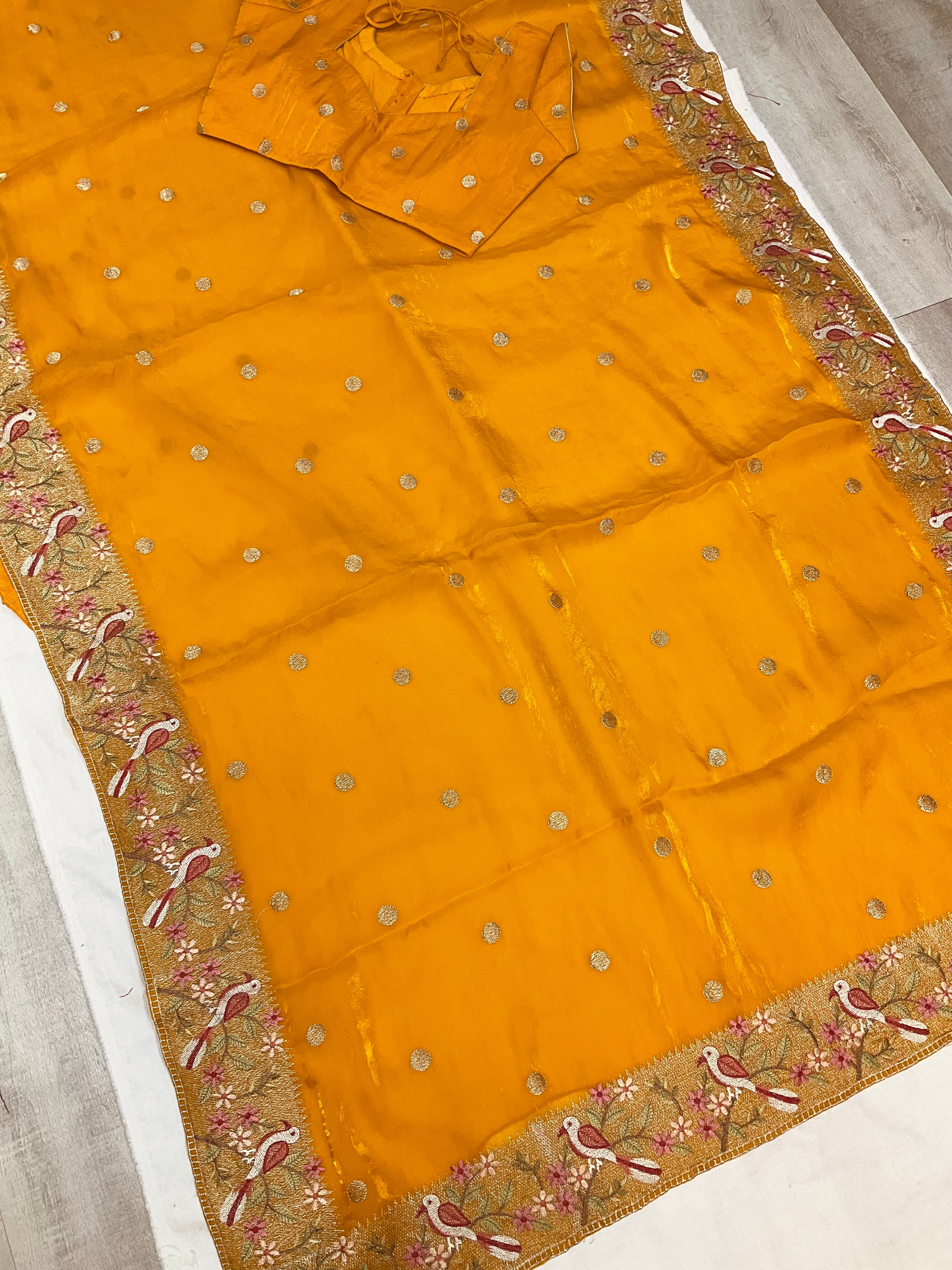 Mango yellow Crushed Tissue embroidery saree with Stitched blouse and fall pico done