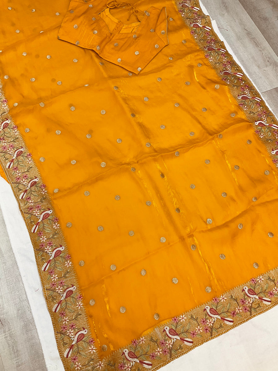Mango yellow Crushed Tissue embroidery saree with Stitched blouse