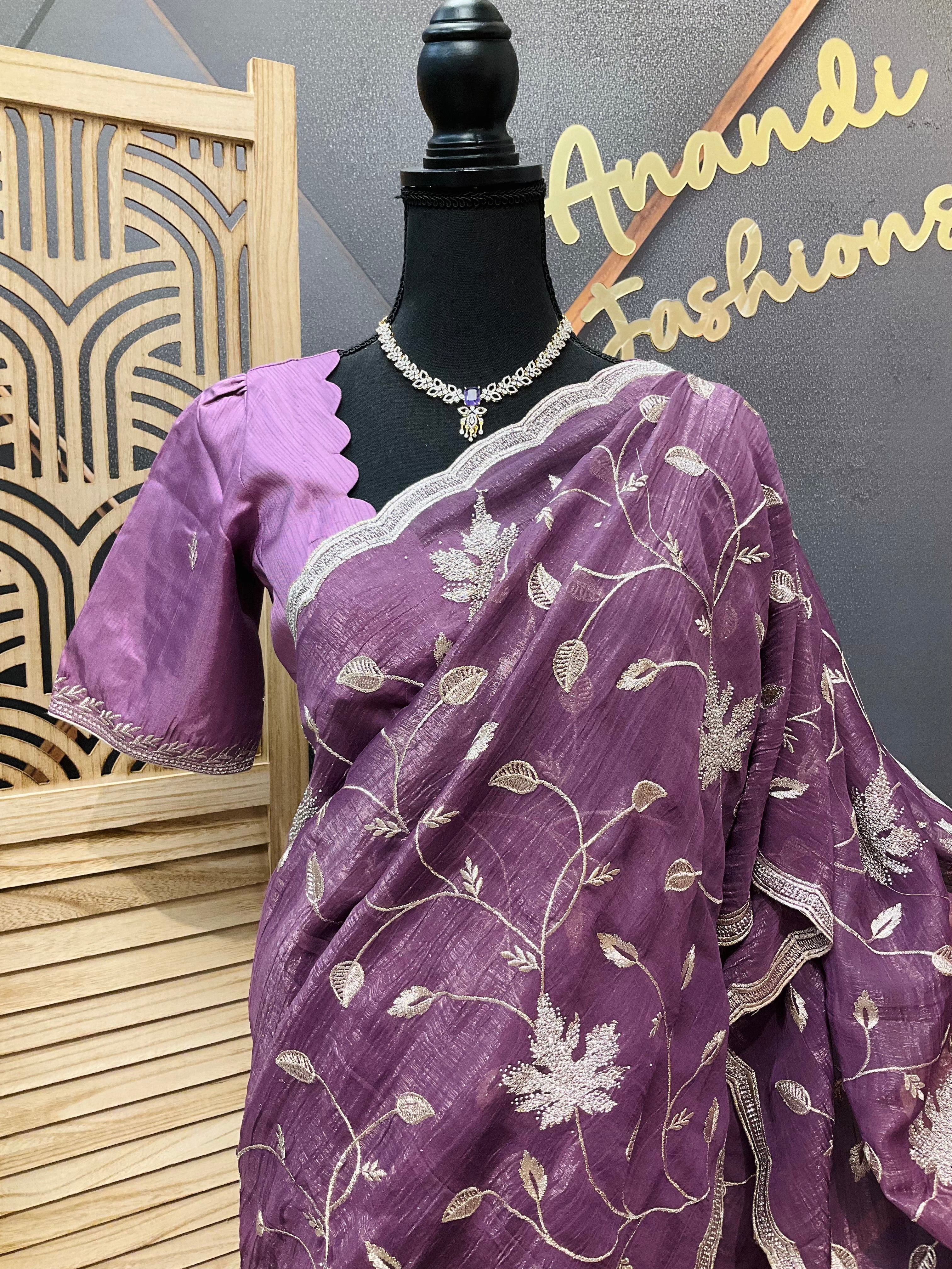 Cocktail Party wear light purple saree with Stitched blouse- fall pico done