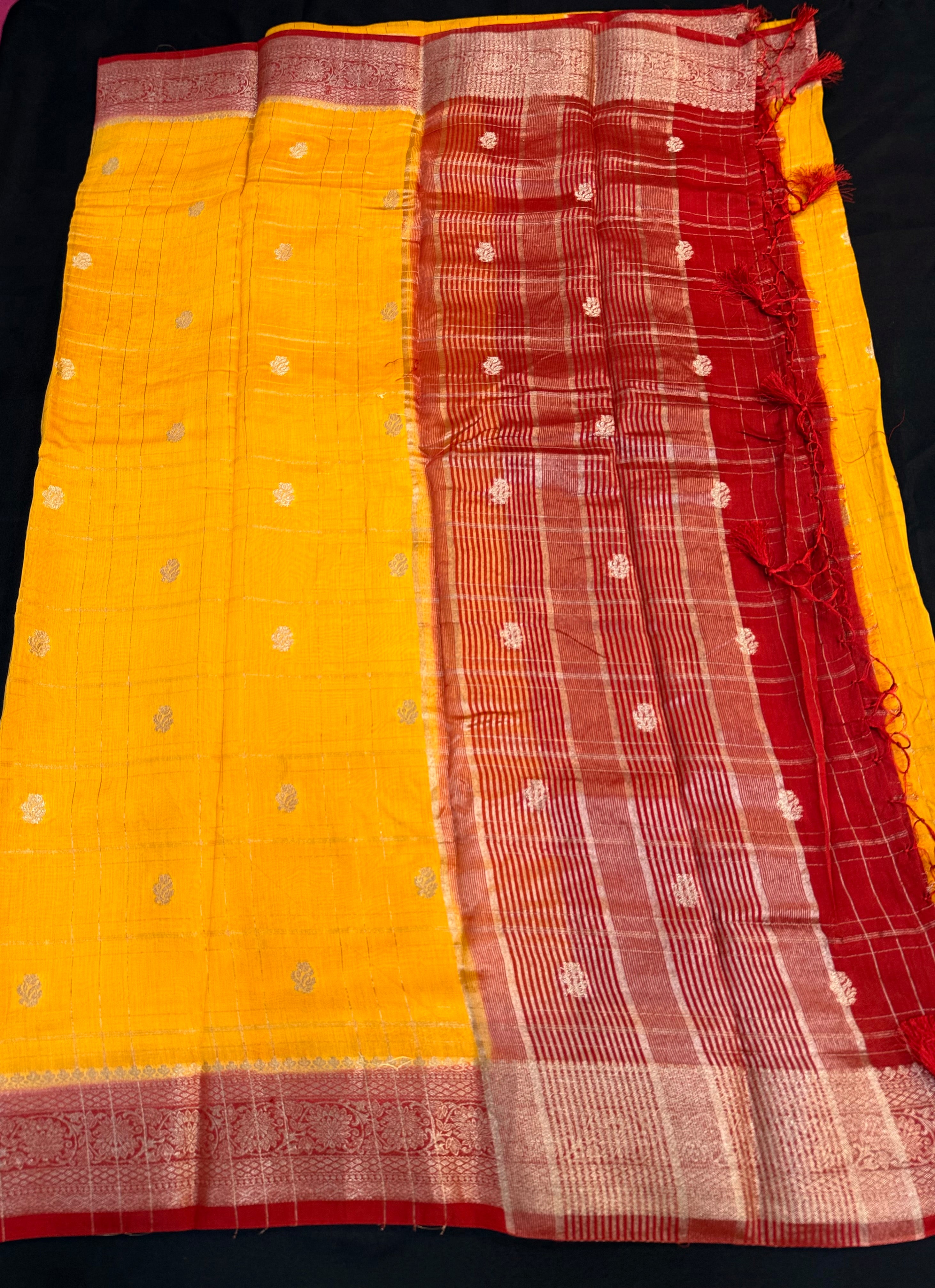 Semi Silk Yellow Saree with Red Border