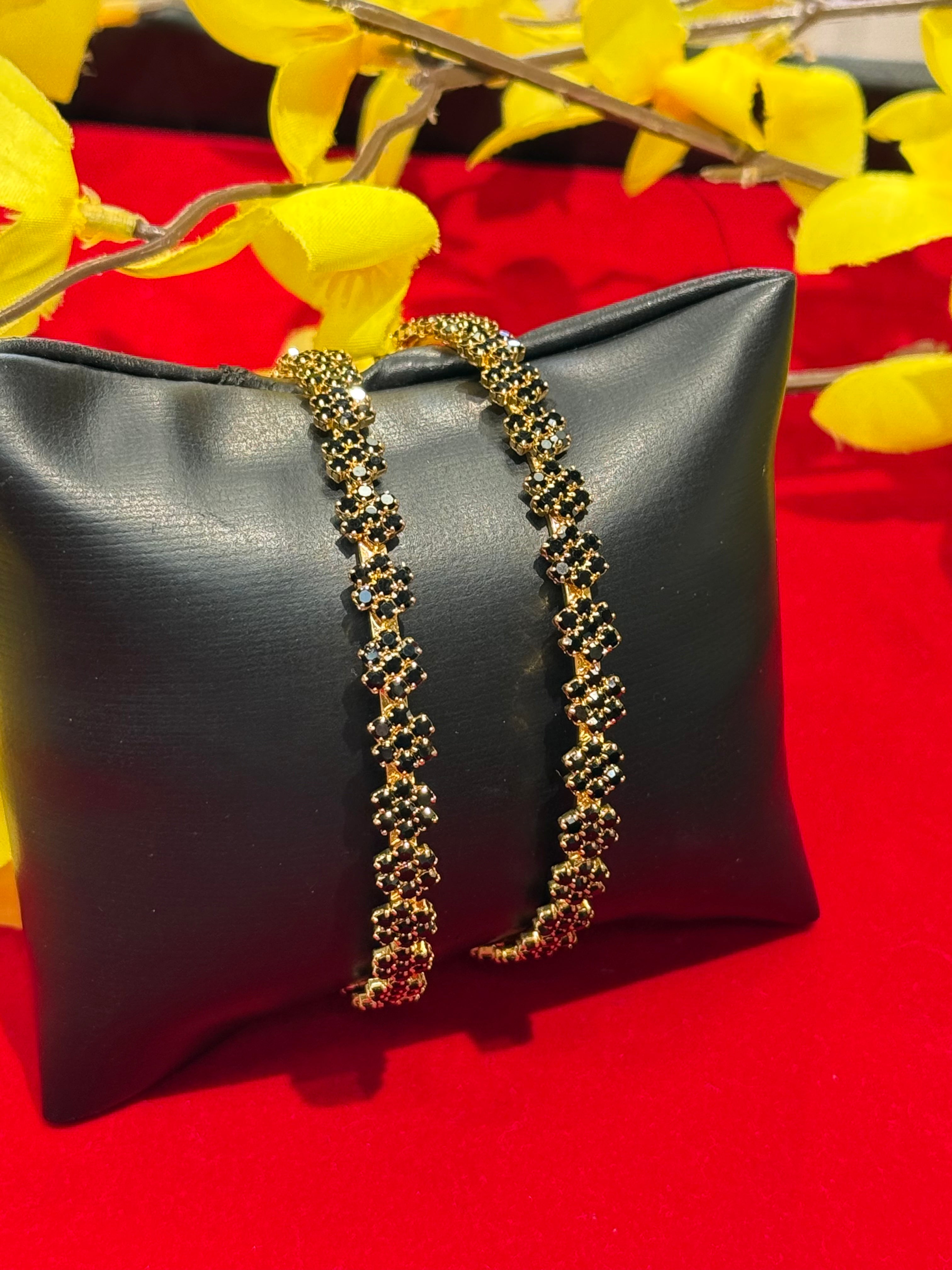 Gold Finish- Black Stones Bangles - Pair