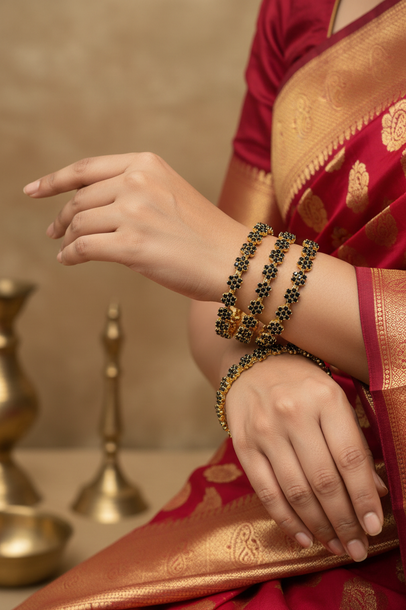 Close-up of a woman wearing traditional red and gold Indian saree and black floral gold bangles, with brass decor in background