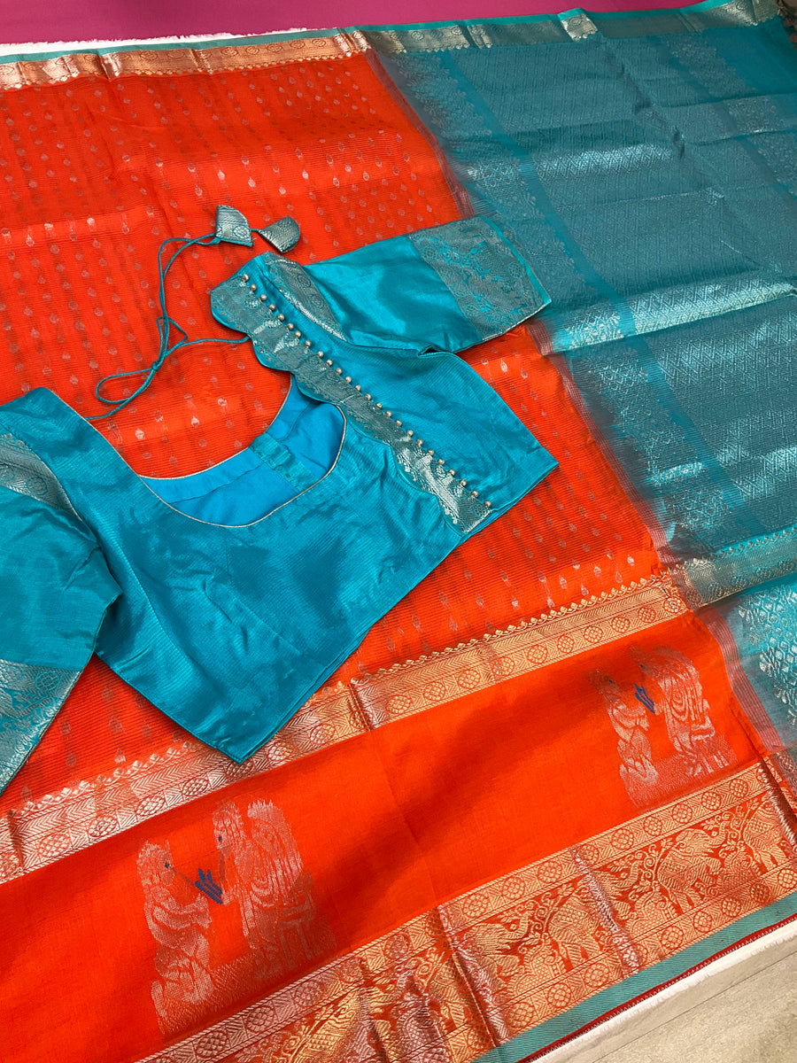 Orange Mangalagiri Silk Handloom saree with stitched blouse