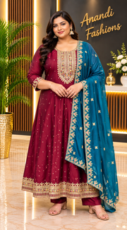 Women’s Teal Blue Silk Anarkali Kurti Set with Gold Buti & Maroon Floral Dupatta – Plus Size