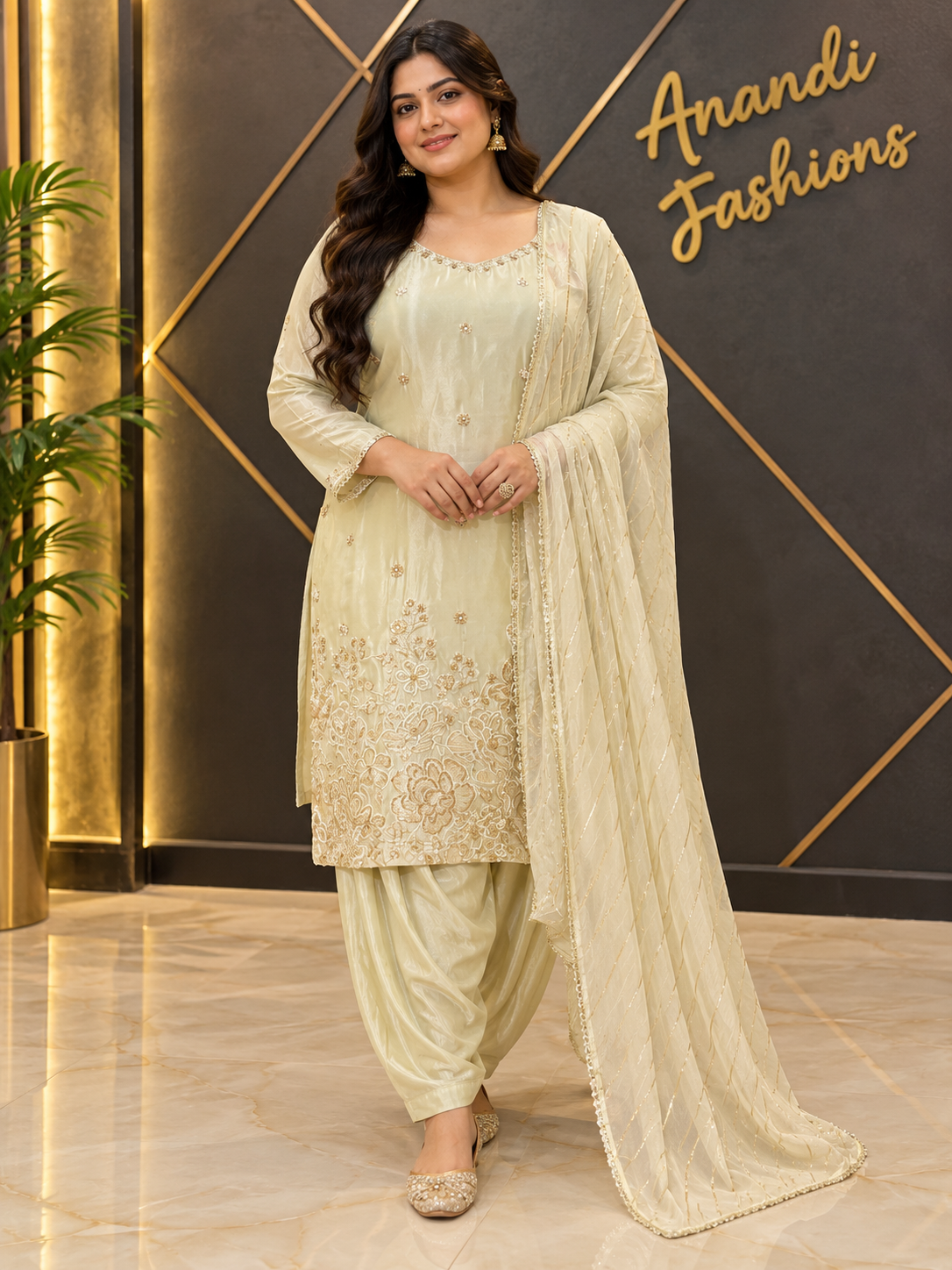Plus Size Light Gold/Beige Tissue Party Wear Patiyala set
