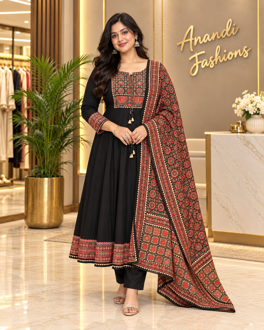Women's Black Plus Size Cotton Anarkali
