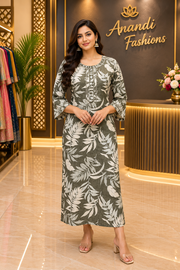 Women’s Green Cotton Leaf Pattern Kurti