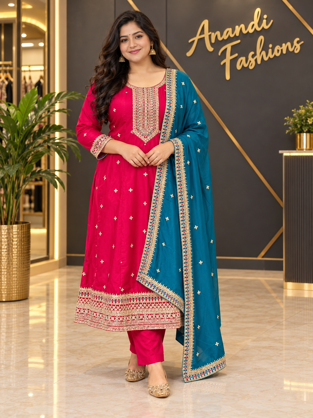 Women’s Pink Vichitra Silk Anarkali Kurti Set – Plus Size