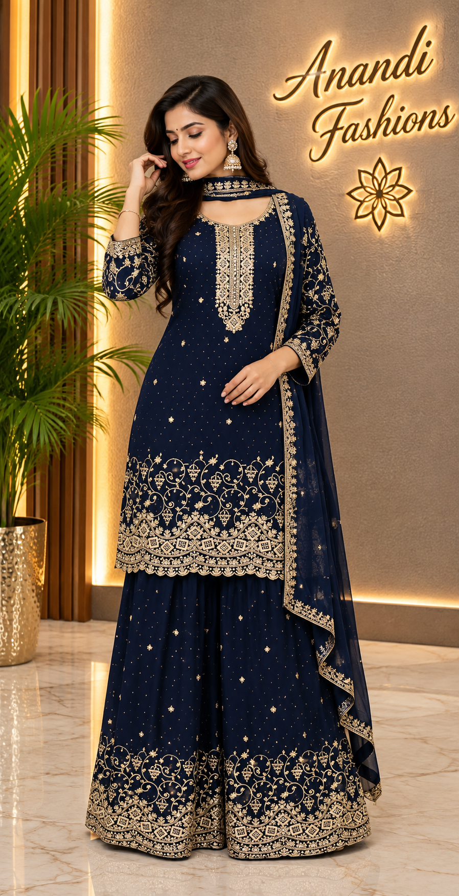 Women’s Party Wear Navy Blue Sharara Set – Plus Size
