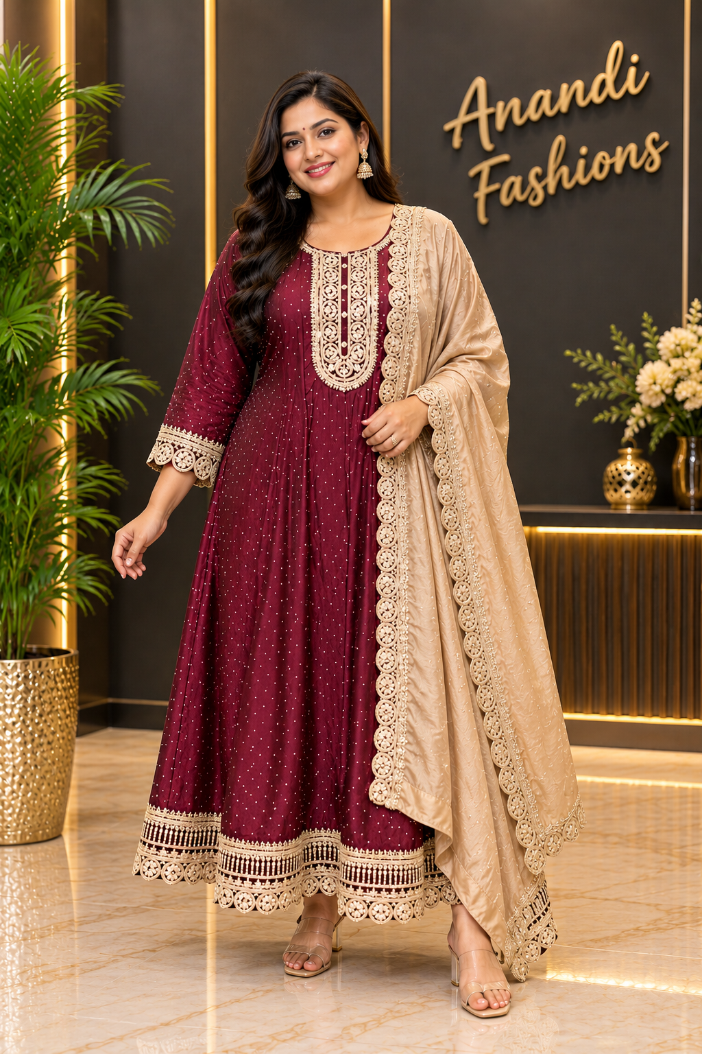 Women’s Wine – Anarkali Kurti Set – Plus Size