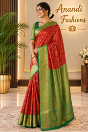 Women's Red Semi-Silk Kanjeevaram Saree with Stitched Blouse