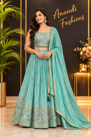 Women’s Sea Green Embroidered Lehenga Choli Set with Matching Dupatta