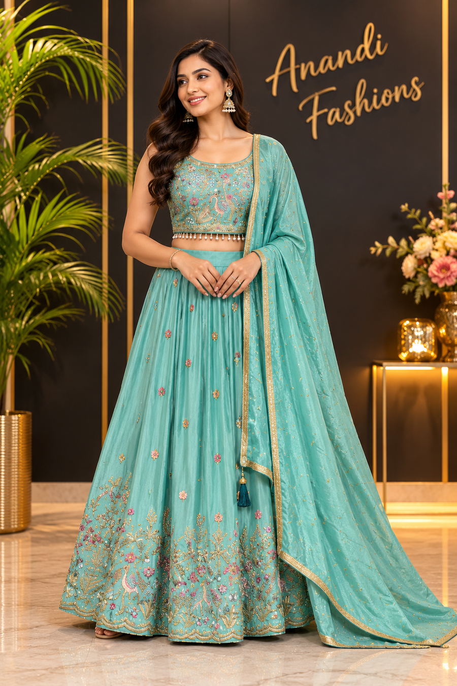 Women’s Sea Green Embroidered Lehenga Choli Set with Matching Dupatta