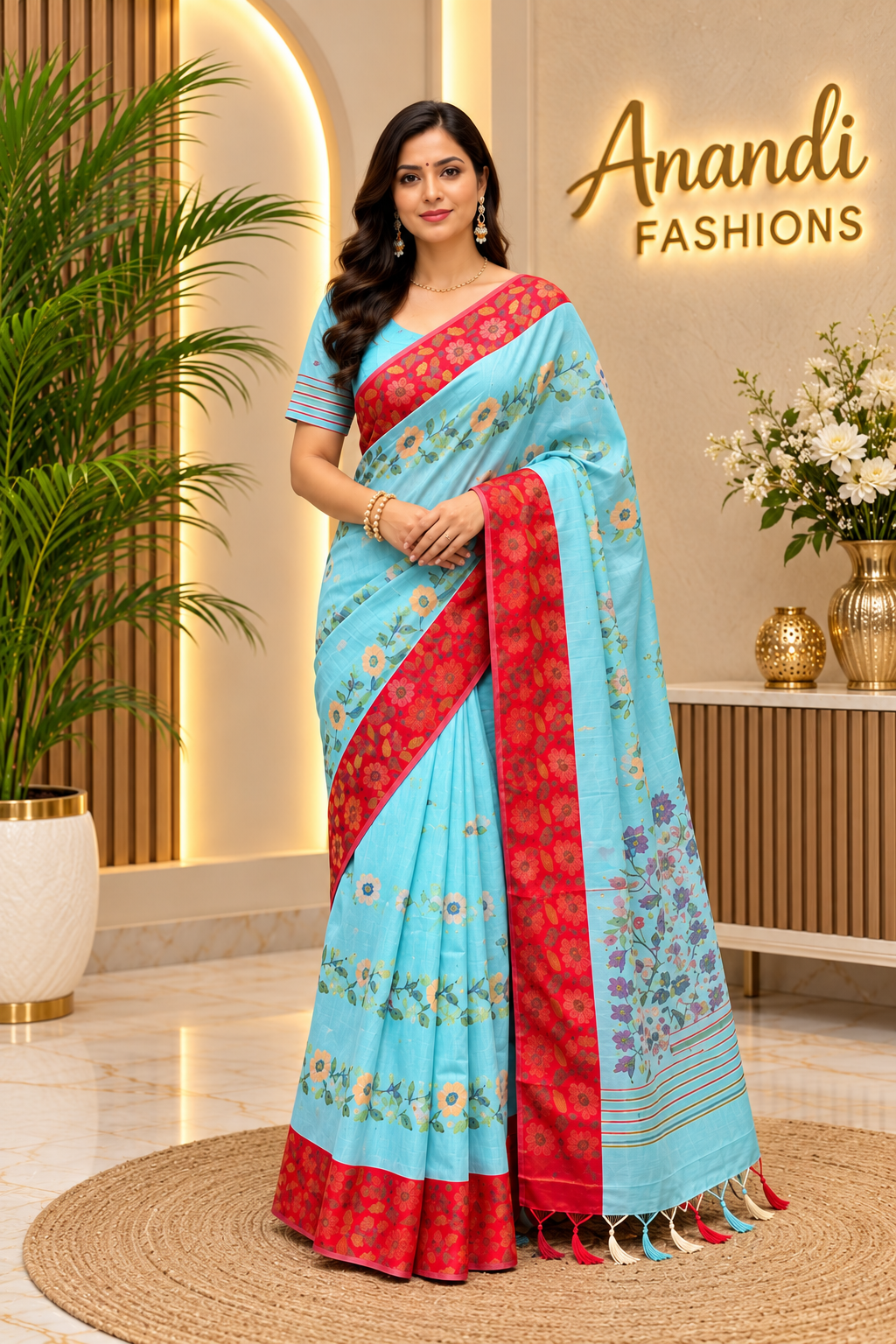 Women's Blue Jamdani Saree with Stitched Blouse