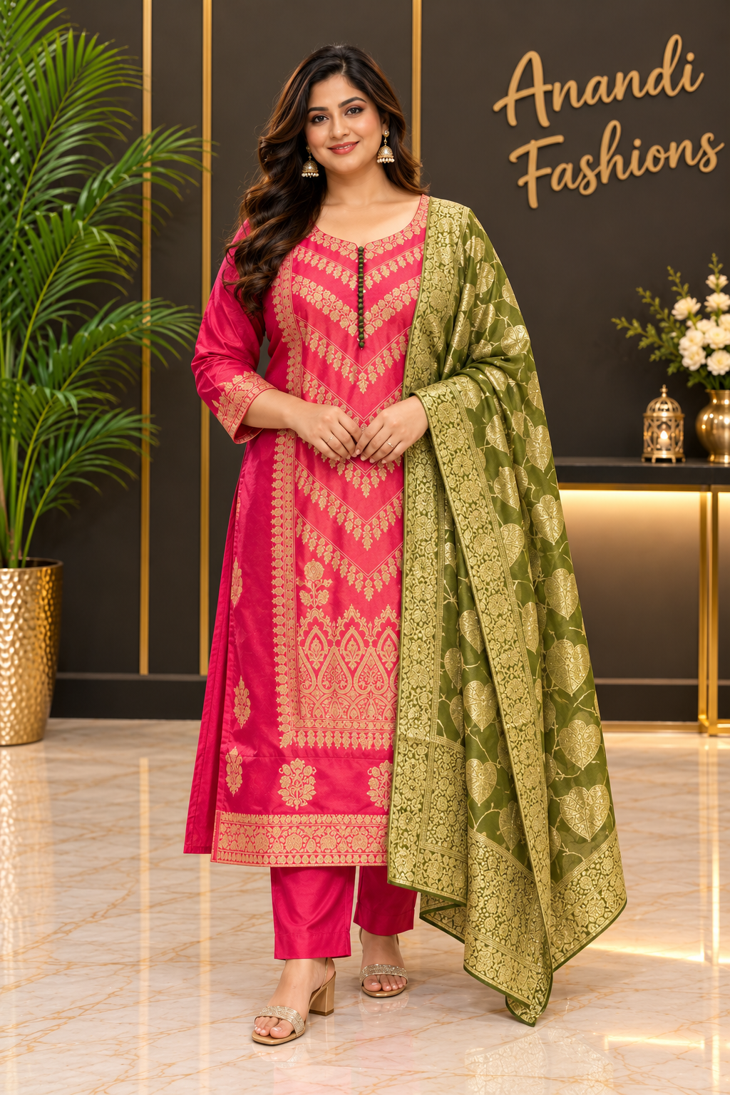 Plus size Party Wear Pink Benarasi Silk kurti set