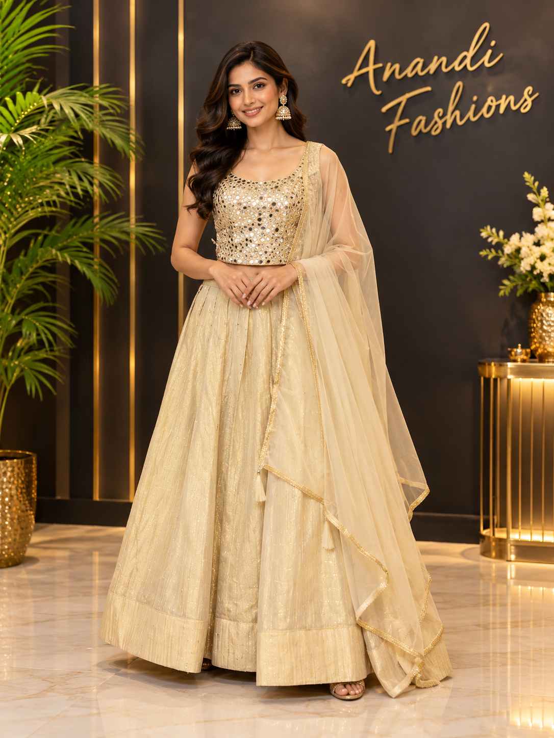 Women’s Champagne Gold Mirror Work Lehenga Choli with Dupatta