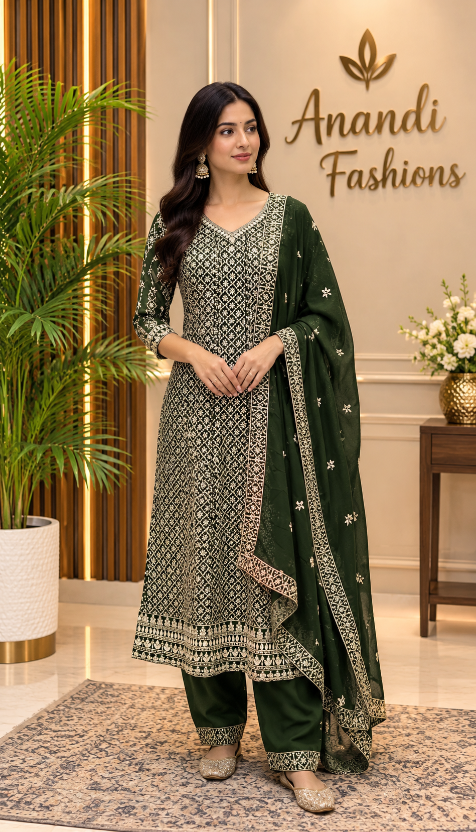 Women’s Green Georgette Silver Zari Anarkali Kurti Set