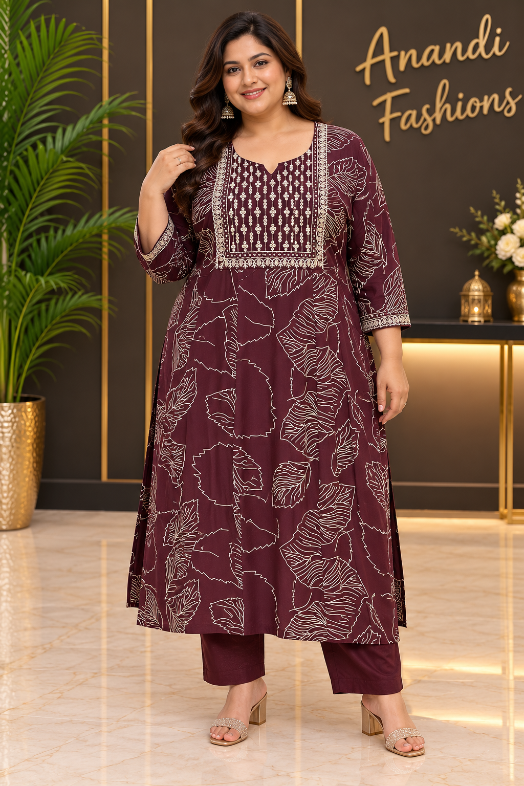 Women's Brown Plus Size Cotton Anarkali Kurti