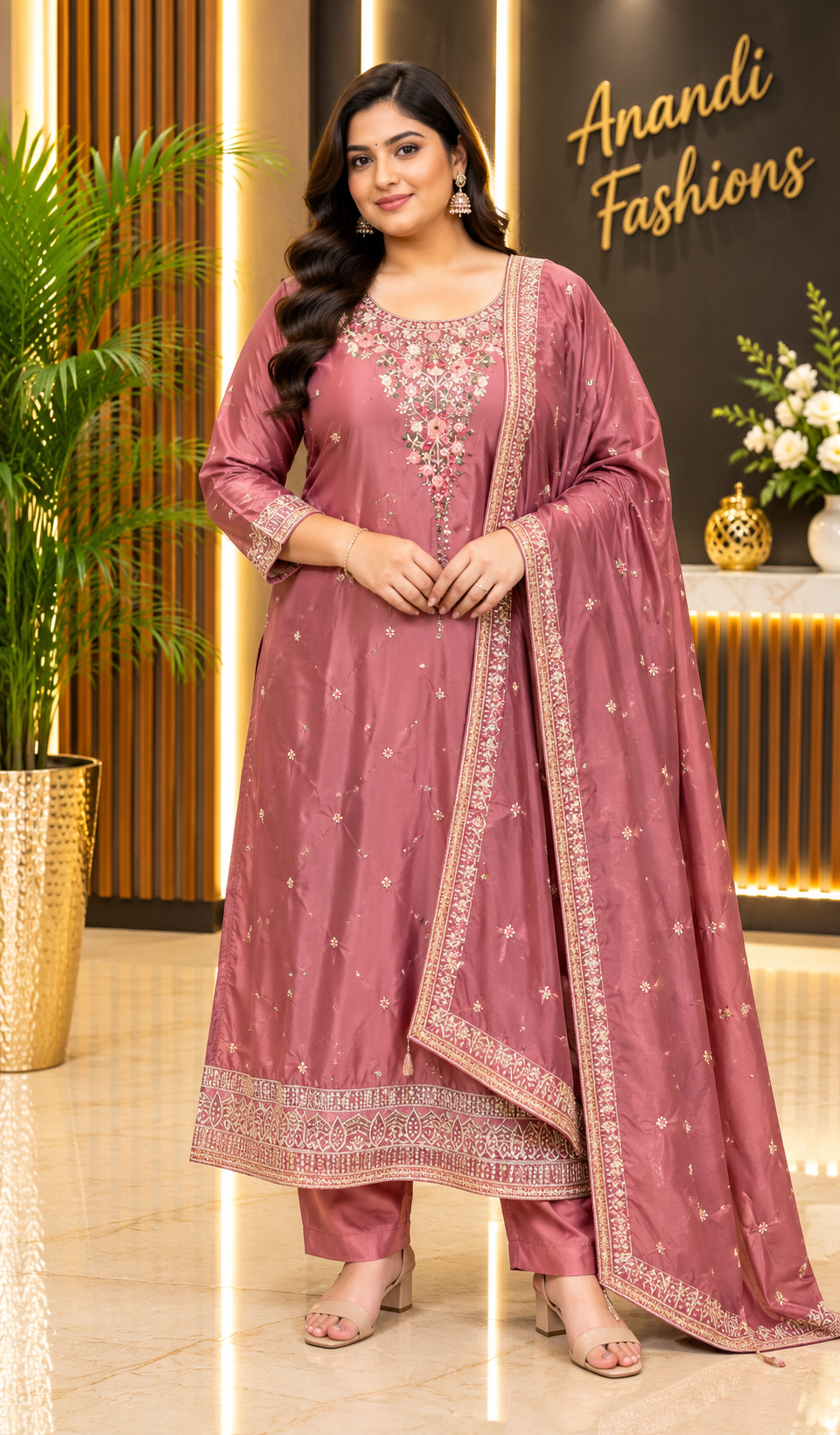 Women’s Onion Pink H.O. Silk Embroidered Kurti Set – Plus Size