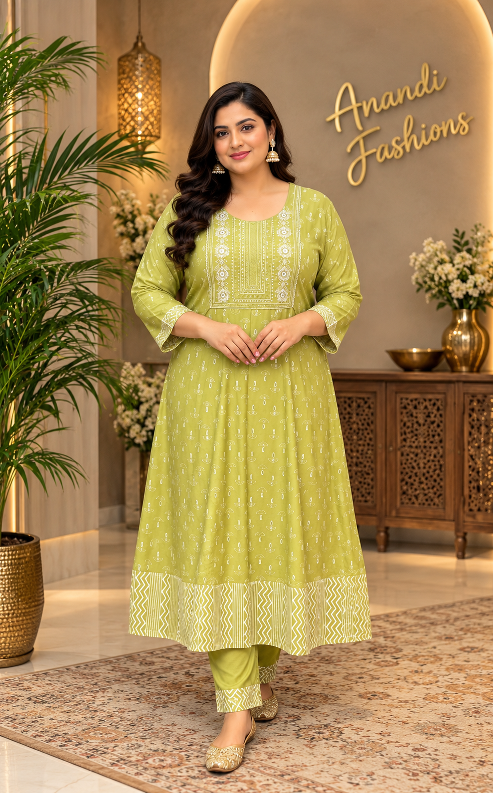 Women's Green Plus Size Cotton Anarkali Kurti