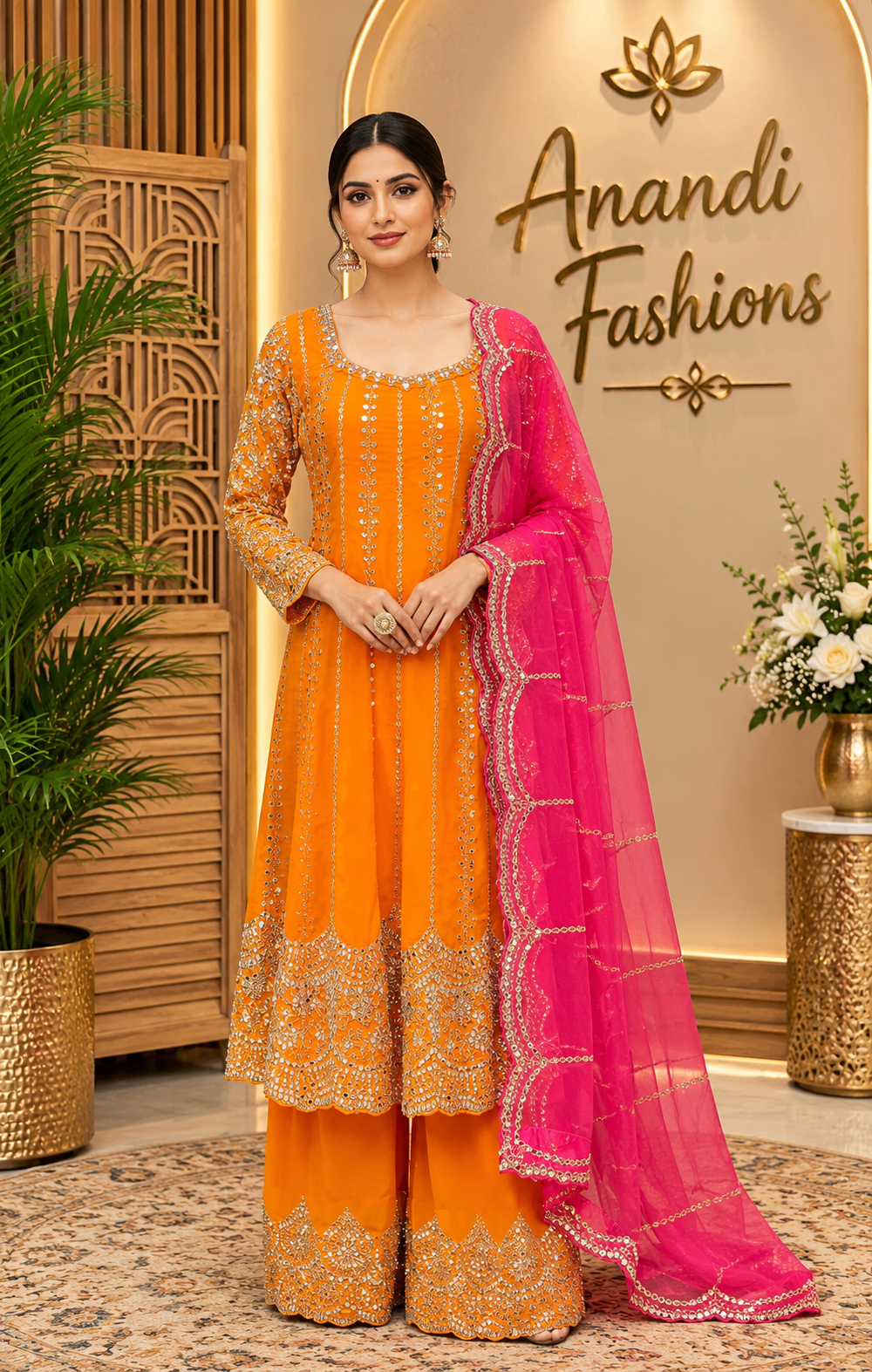 Women’s Orange Georgette with Real Mirror Work Pink Dupatta Sharara Set