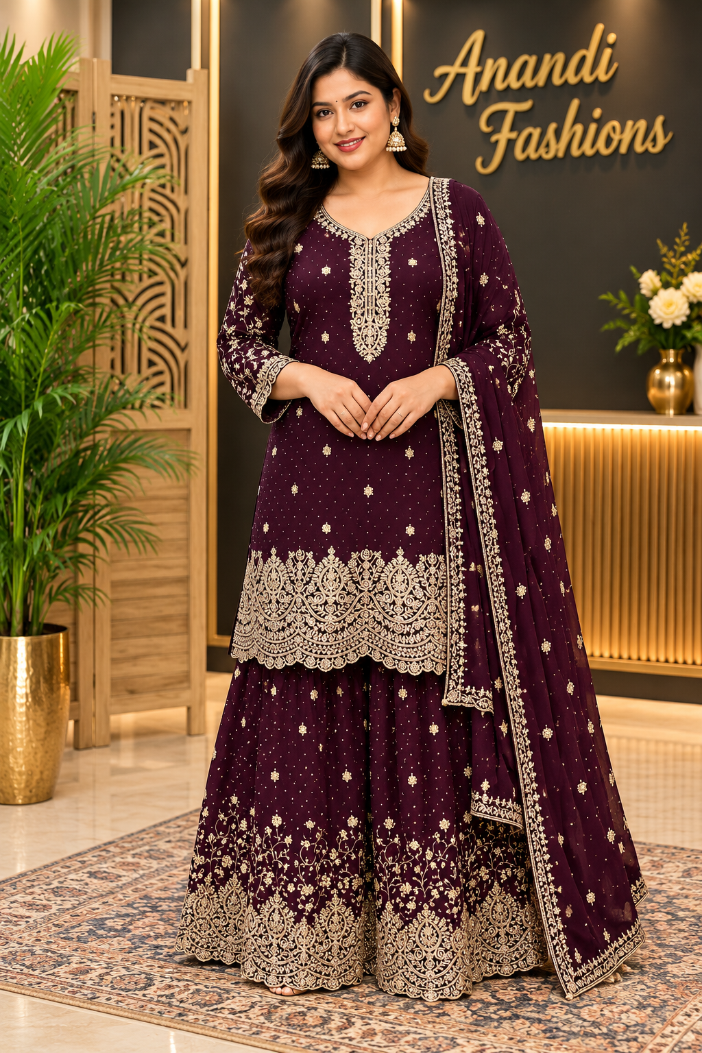 Women’s Wine Party Wear Sharara Set – Plus Size
