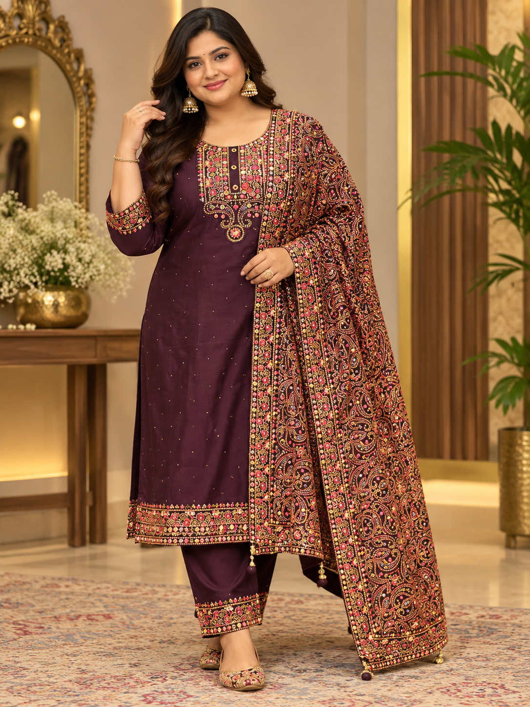 Plus Size Party Wear Wine kurti set