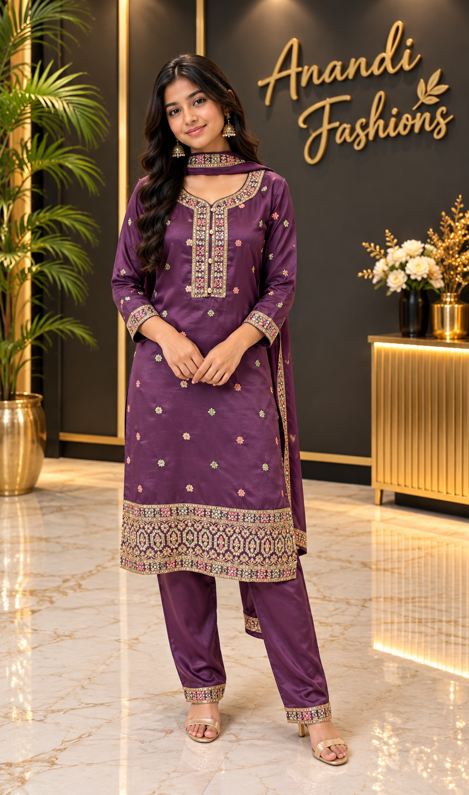 Teenage Girls’’ Purple Embroidered Kurti Set