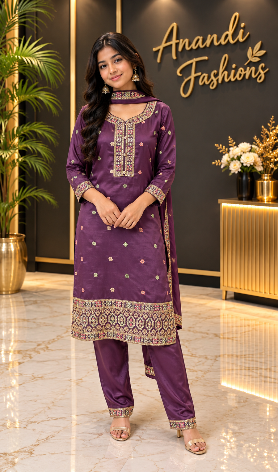 Teenage Girls’’ Purple Embroidered Kurti Set