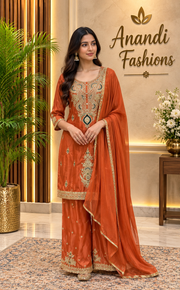 Women’s Rust Shimmery Embroidered Palazzo Set