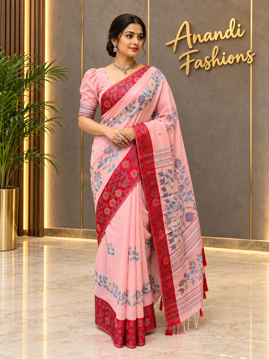 Women's Pink Jamdani Saree with Stitched Blouse