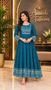 Women's Rama Green Plus Size Long Anarkali Kurti