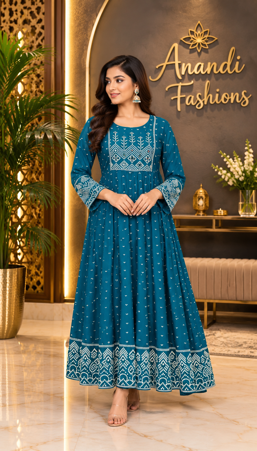 Women's Rama Green Plus Size Long Anarkali Kurti