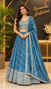Women’s Teal Blue Embroidered Lehenga Choli with Dupatta